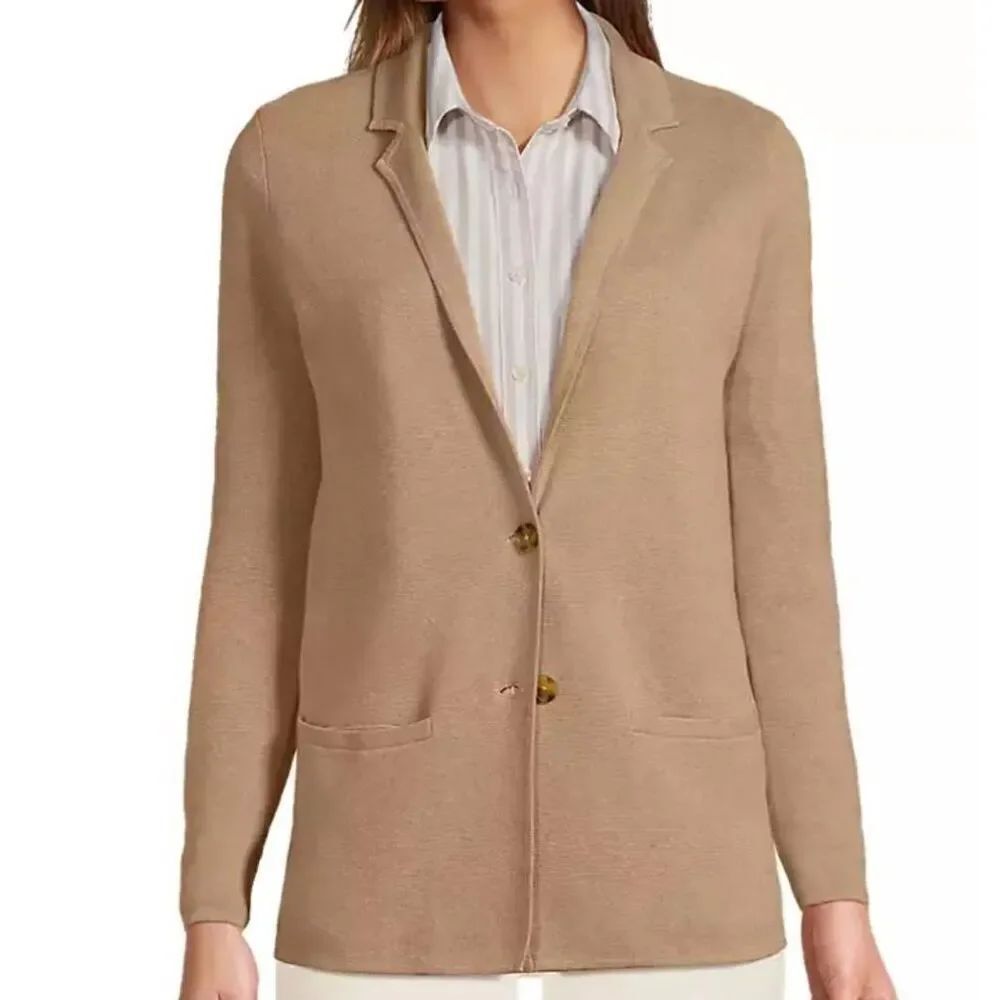 Land's End Sweater Blazer Women's 2X Tan Fine Gauge Cotton Button Front